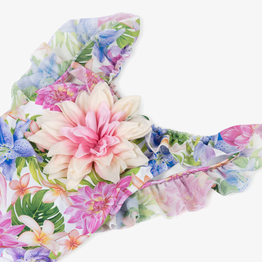 Selini Action-Girls Pink & Blue Floral Swimsuit with Ruffle Trim | Childrensalon Outlet