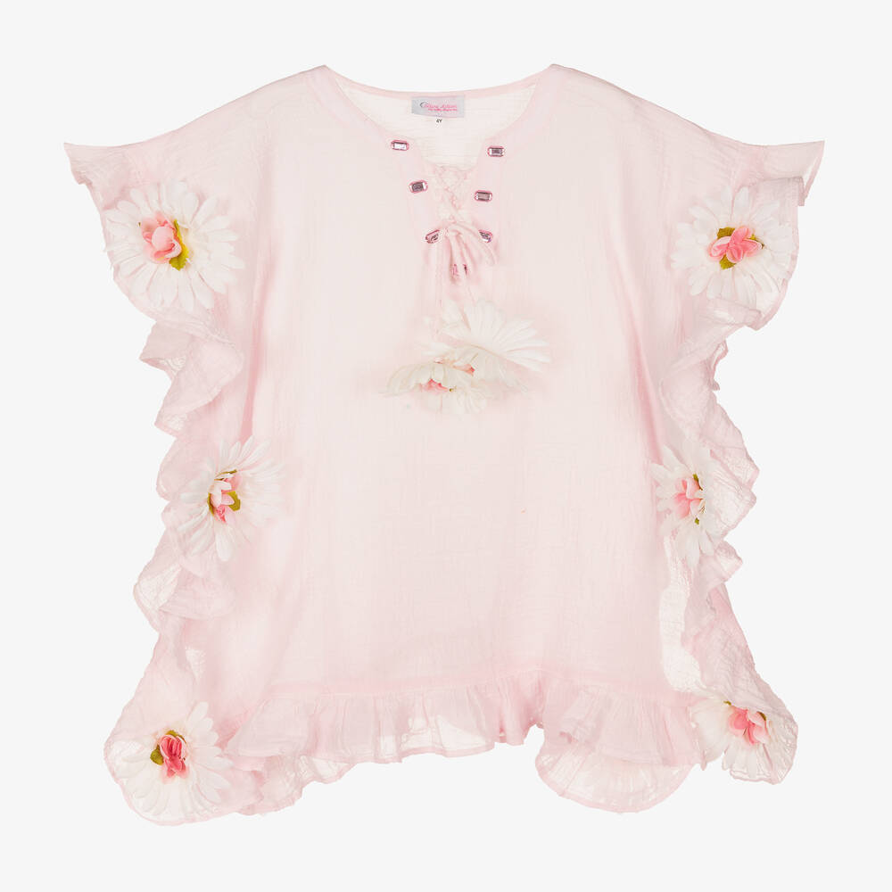 Selini Action - Girls Pink Cotton Flower Kaftan | Childrensalon