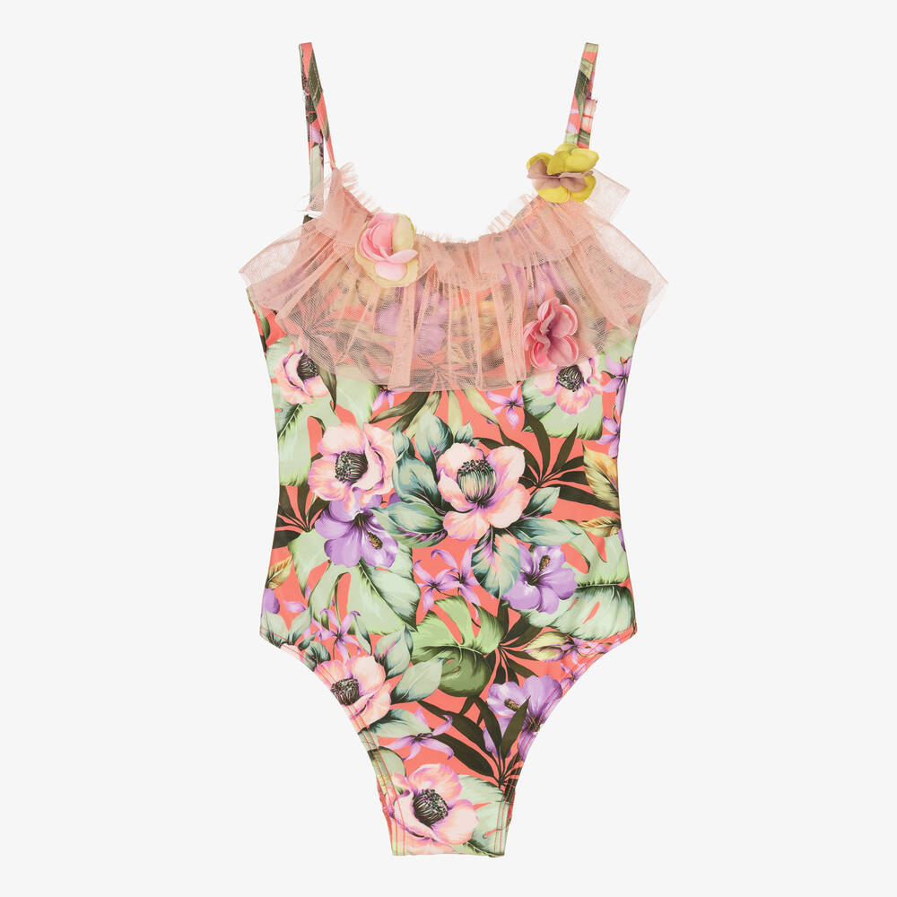 Selini Action - Girls Pink Floral Tulle Swimsuit | Childrensalon