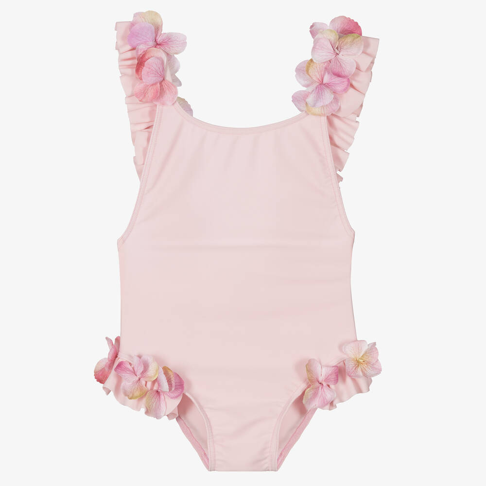 Selini Action - Girls Pink Flower Trims Swimsuit | Childrensalon