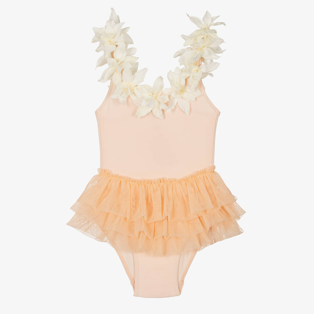 Girls Pink Flowers Tutu Swimsuit