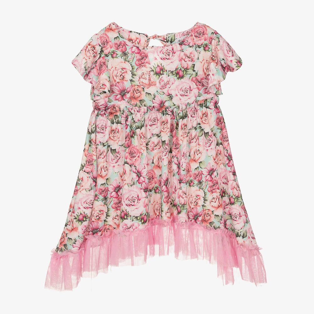 Selini Action - Girls Pink Rose Print Dress | Childrensalon
