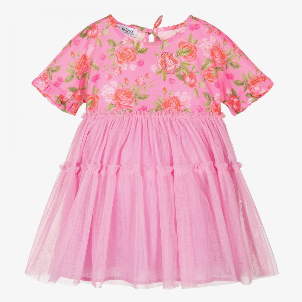 Selini Action - Girls Pink Roses Tulle Dress | Childrensalon