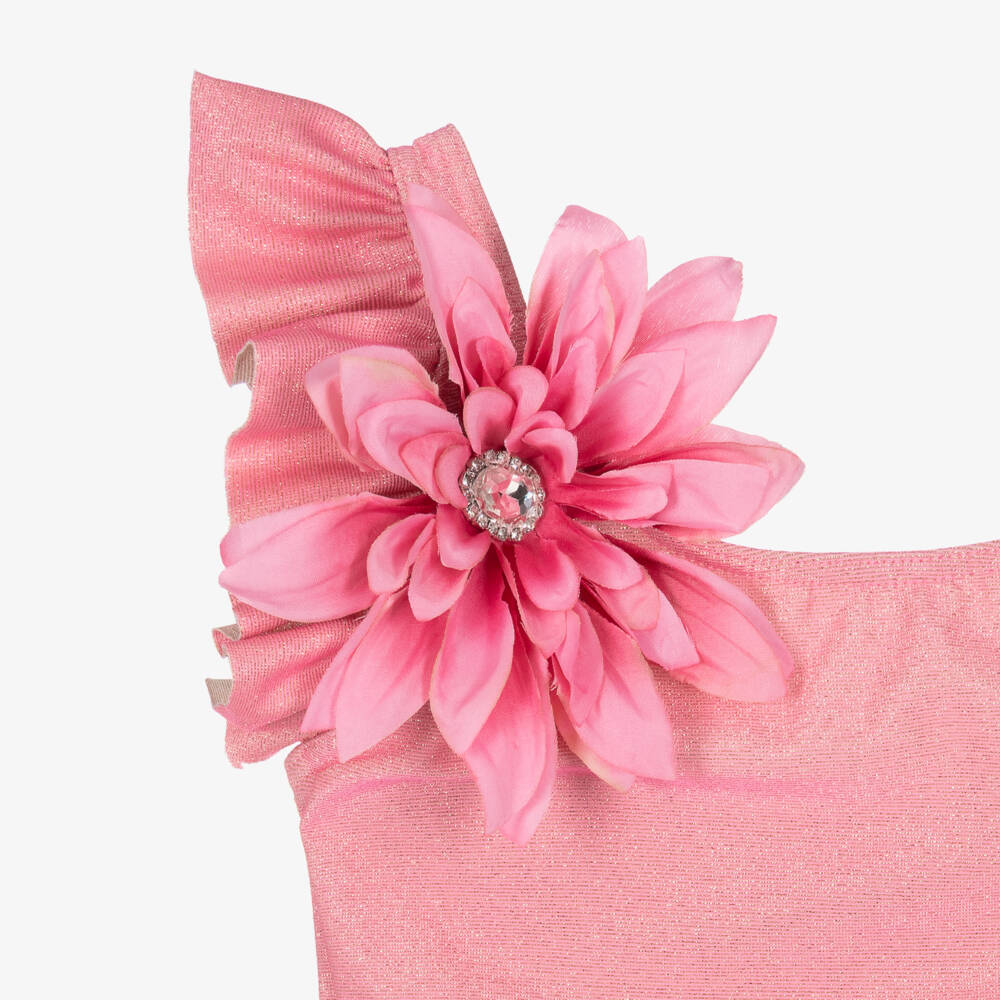 Selini Action-Girls Pink & Shimmery Gold Floral & Ruffle Swimsuit | Childrensalon Outlet