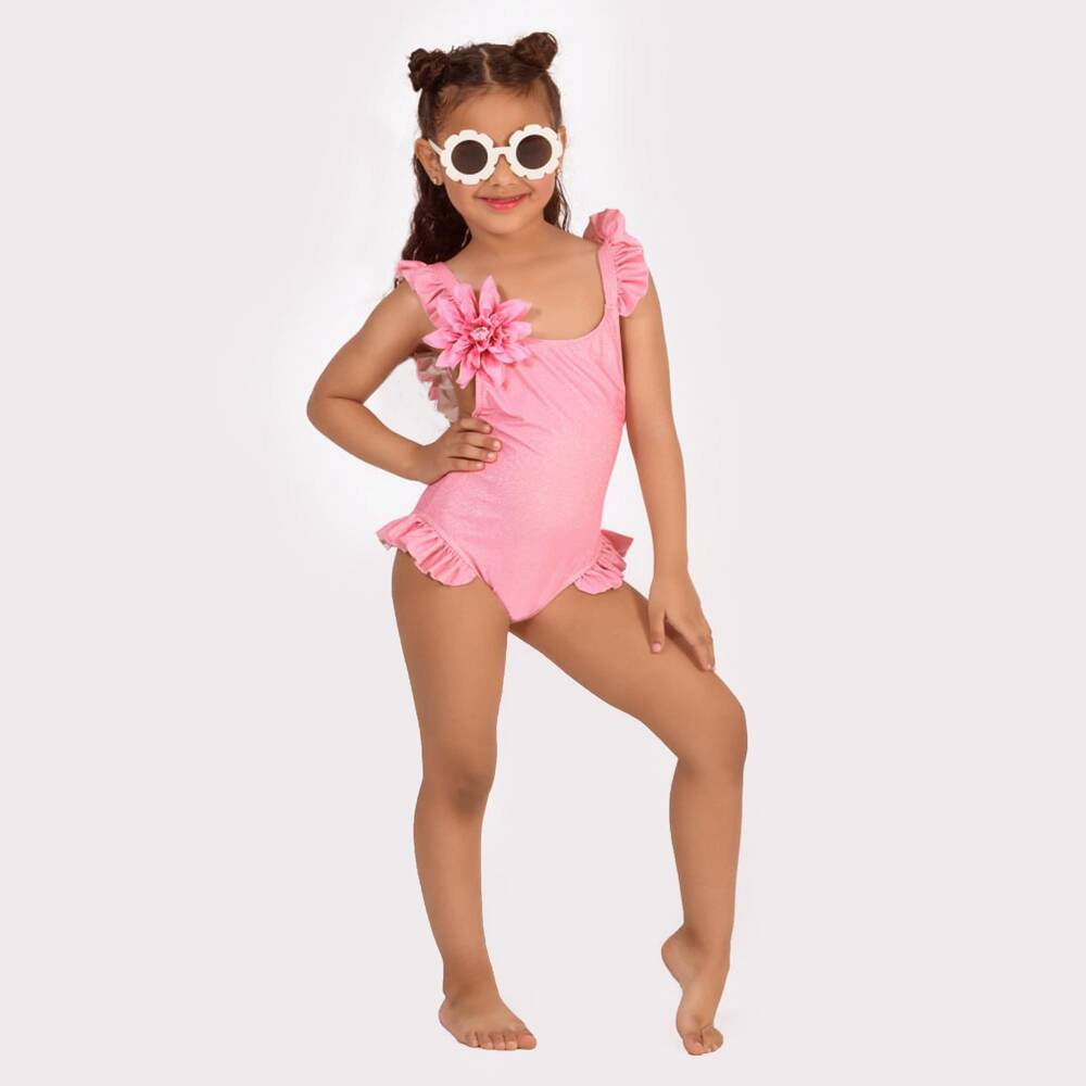 Selini Action-Girls Pink & Shimmery Gold Floral & Ruffle Swimsuit | Childrensalon Outlet