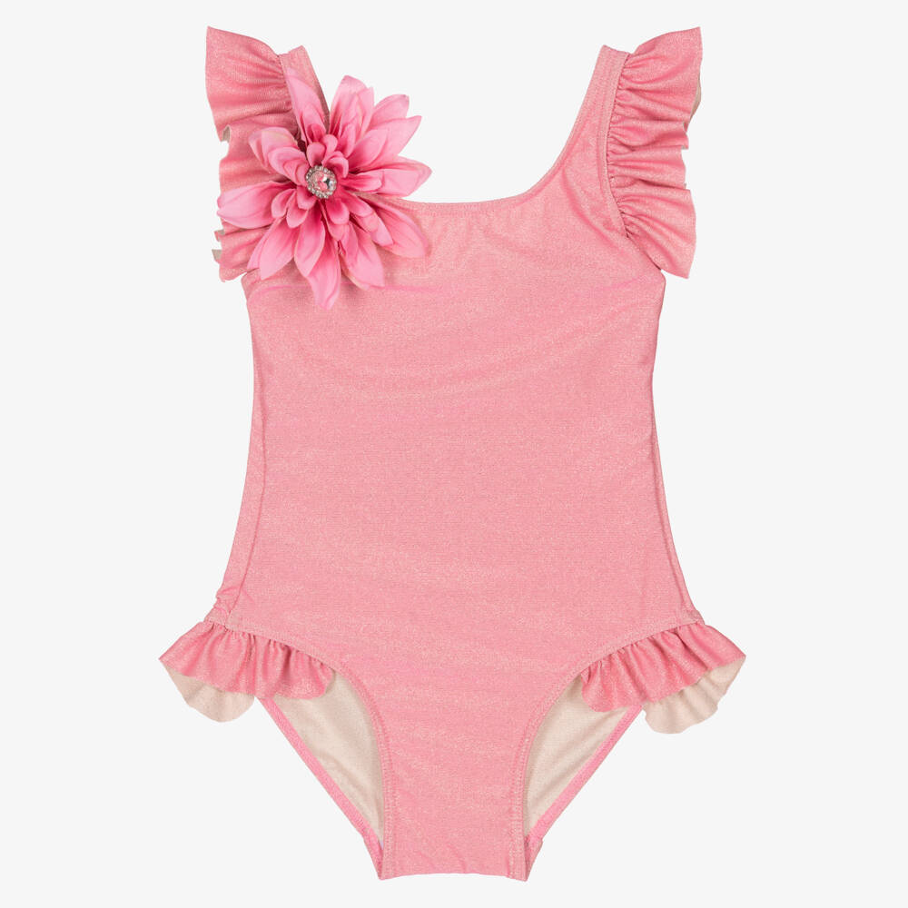 Selini Action-Girls Pink & Shimmery Gold Floral & Ruffle Swimsuit | Childrensalon Outlet