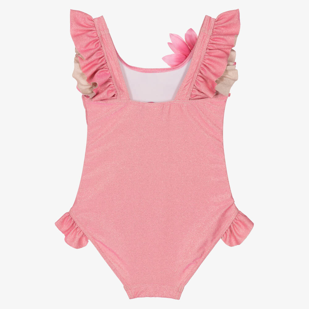 Selini Action-Girls Pink & Shimmery Gold Floral & Ruffle Swimsuit | Childrensalon Outlet