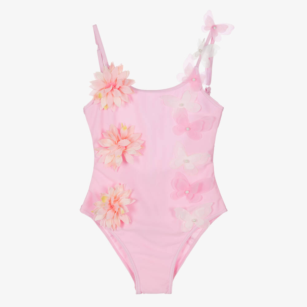 Selini Action-Girls Pink Swimsuit with 3D Flowers & Butterflies | Childrensalon Outlet