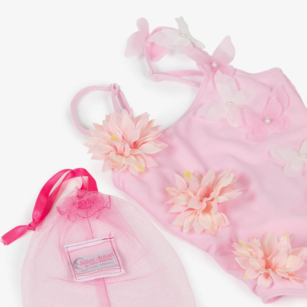 Selini Action-Girls Pink Swimsuit with 3D Flowers & Butterflies | Childrensalon Outlet