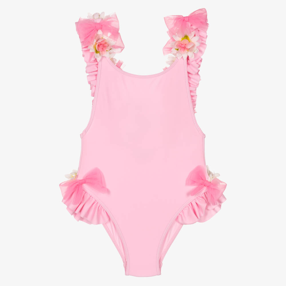 Selini Action-Girls Pink Swimsuit with 3D Flowers & Tulle Bows | Childrensalon Outlet