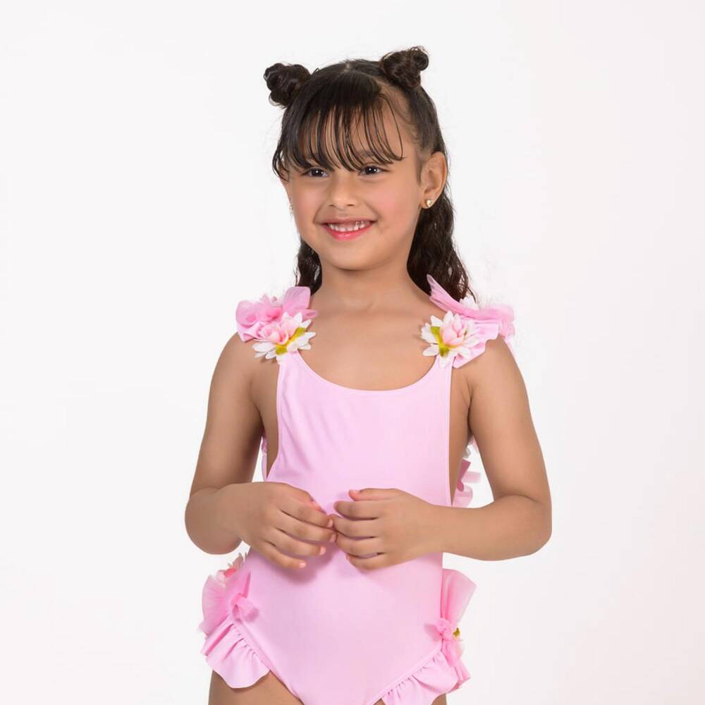 Selini Action-Girls Pink Swimsuit with 3D Flowers & Tulle Bows | Childrensalon Outlet