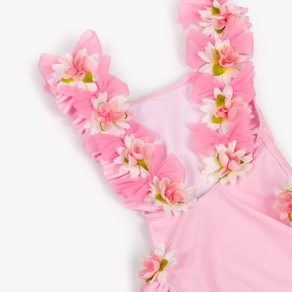 Selini Action-Girls Pink Swimsuit with 3D Flowers & Tulle Bows | Childrensalon Outlet