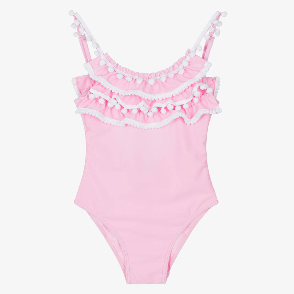 Selini Action-Girls Pink Swimsuit with White Pom-Pom Trims | Childrensalon Outlet