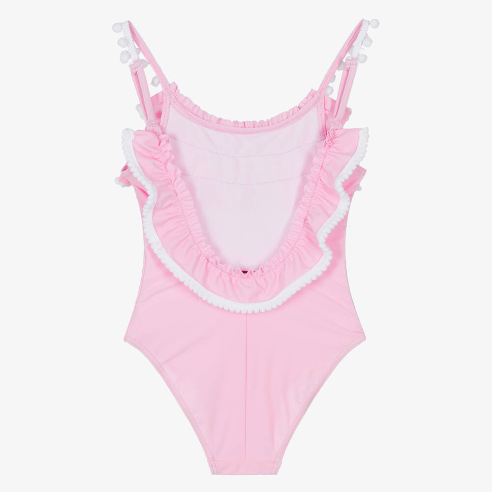 Selini Action-Girls Pink Swimsuit with White Pom-Pom Trims | Childrensalon Outlet