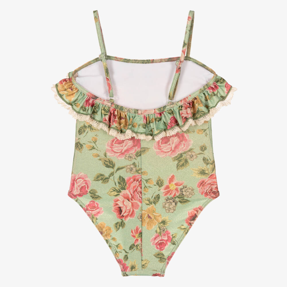 Selini Action-Girls Shimmering Green Floral Ruffle Swimsuit | Childrensalon Outlet