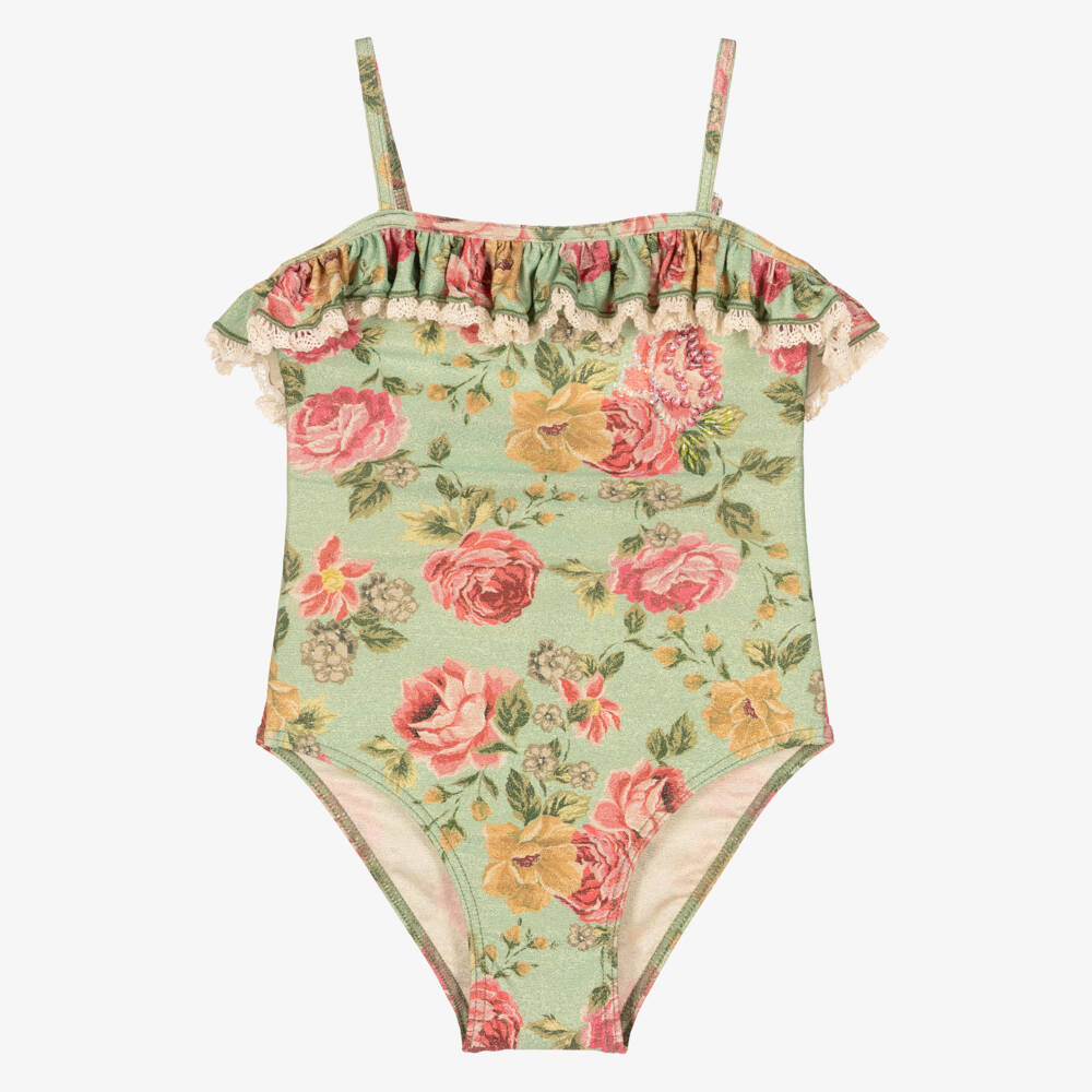 Selini Action-Girls Shimmering Green Floral Ruffle Swimsuit | Childrensalon Outlet