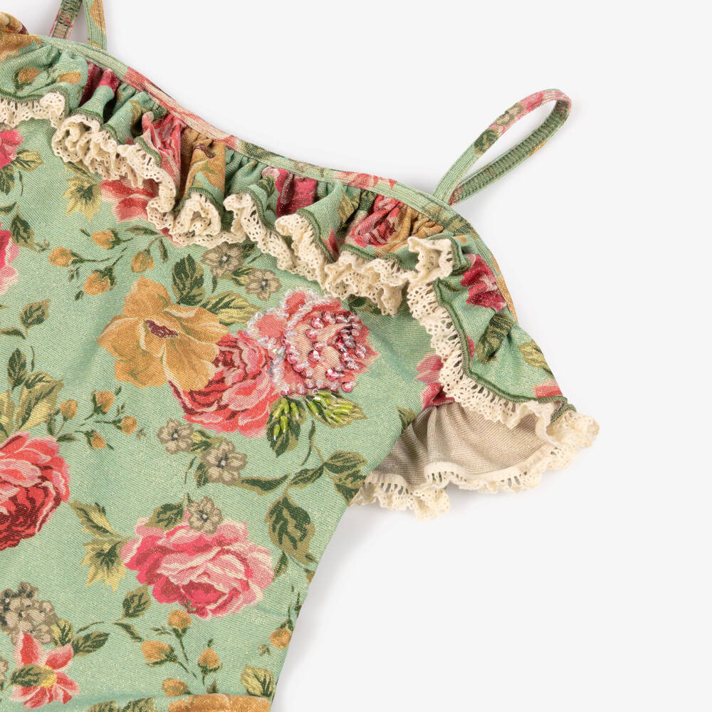 Selini Action-Girls Shimmering Green Floral Ruffle Swimsuit | Childrensalon Outlet