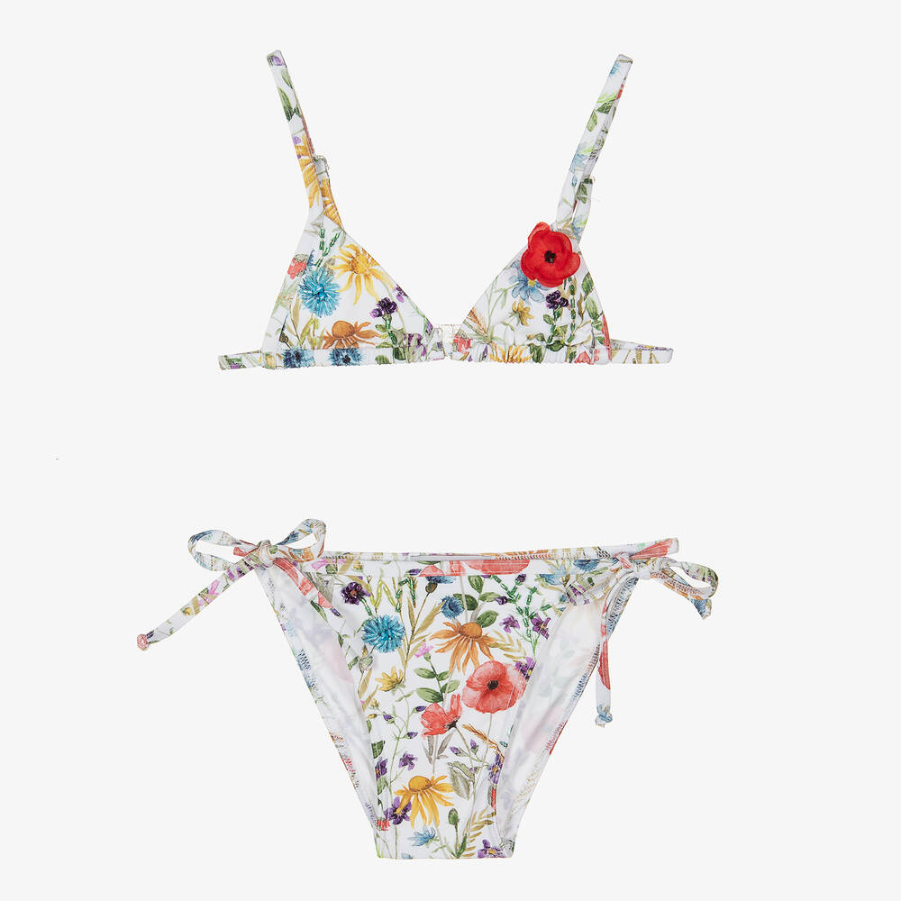 Selini Action-Girls White Beaded Floral Triangle Bikini | Childrensalon Outlet