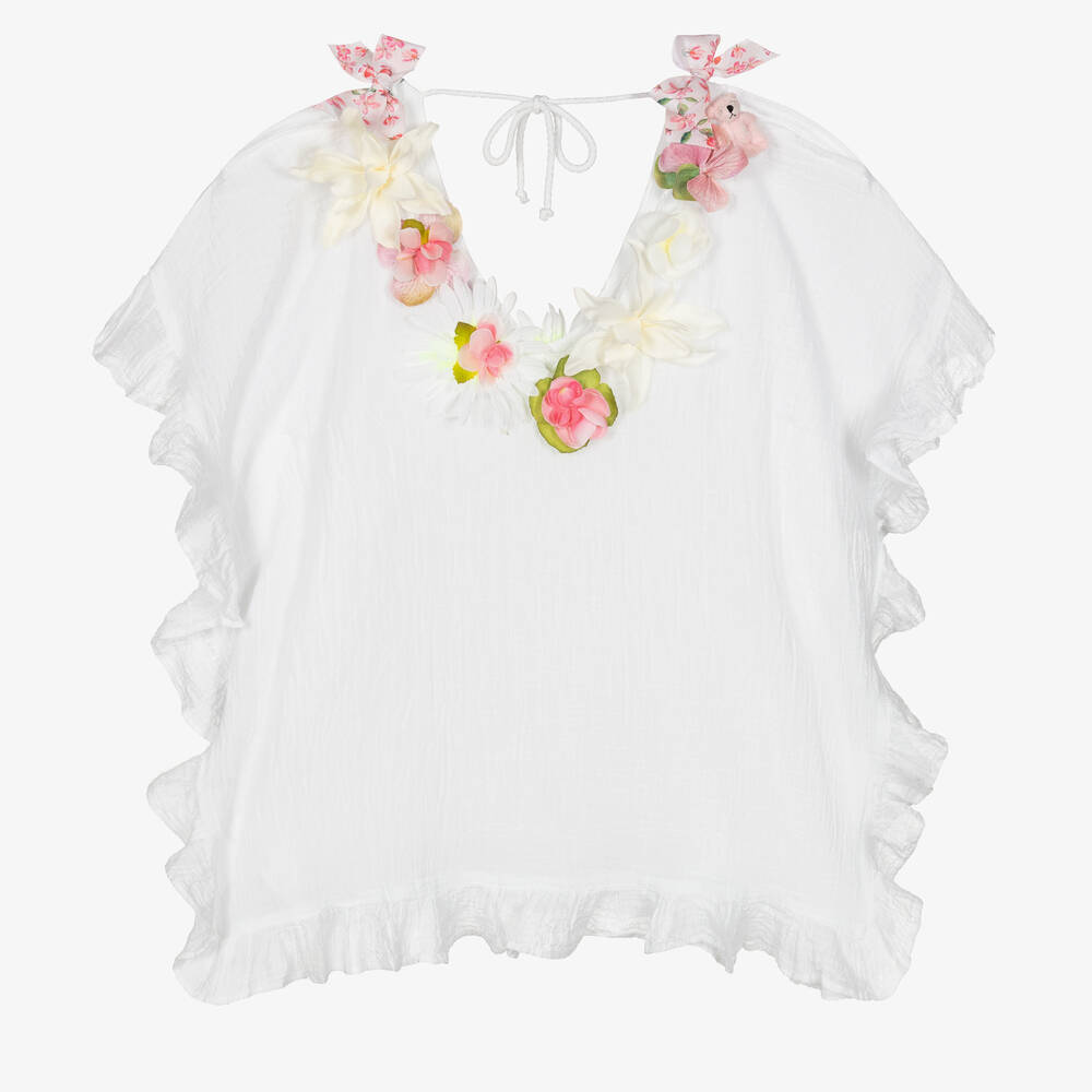 Selini Action - Girls White Cheesecloth Flowers Kaftan | Childrensalon