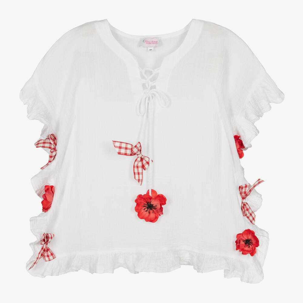 Selini Action - Girls White Cheesecloth Poppies & Bows Kaftan | Childrensalon