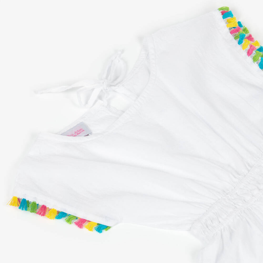 Selini Action-Girls White Cotton Beach Playsuit with Tassel Trims | Childrensalon Outlet