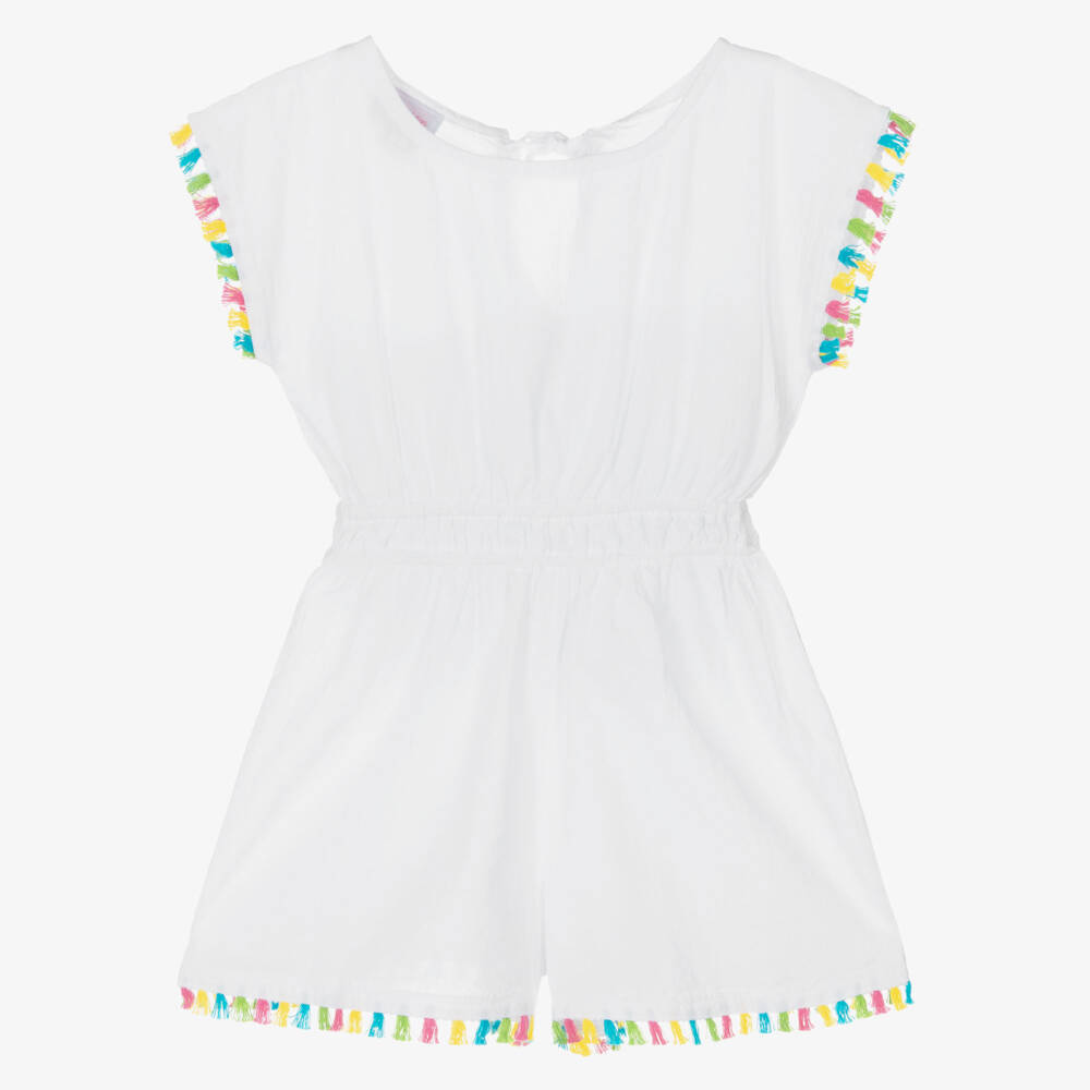 Selini Action-Girls White Cotton Beach Playsuit with Tassel Trims | Childrensalon Outlet