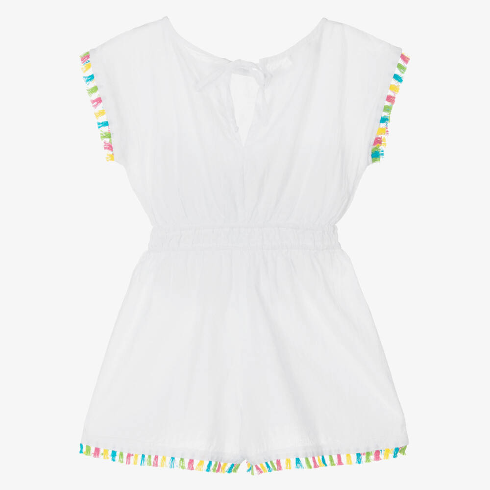 Selini Action-Girls White Cotton Beach Playsuit with Tassel Trims | Childrensalon Outlet