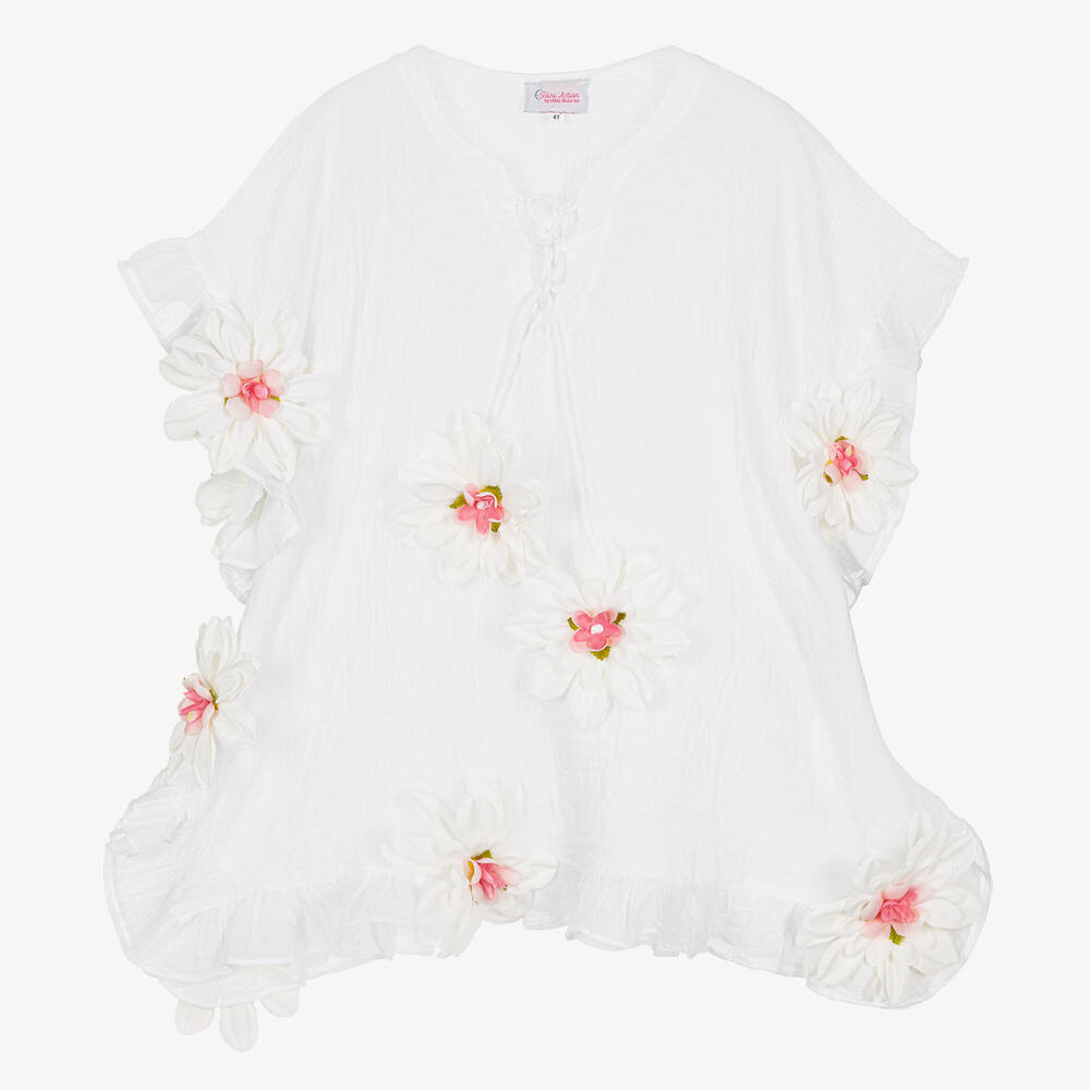Selini Action-Girls White Cotton Flower Kaftan  | Childrensalon Outlet