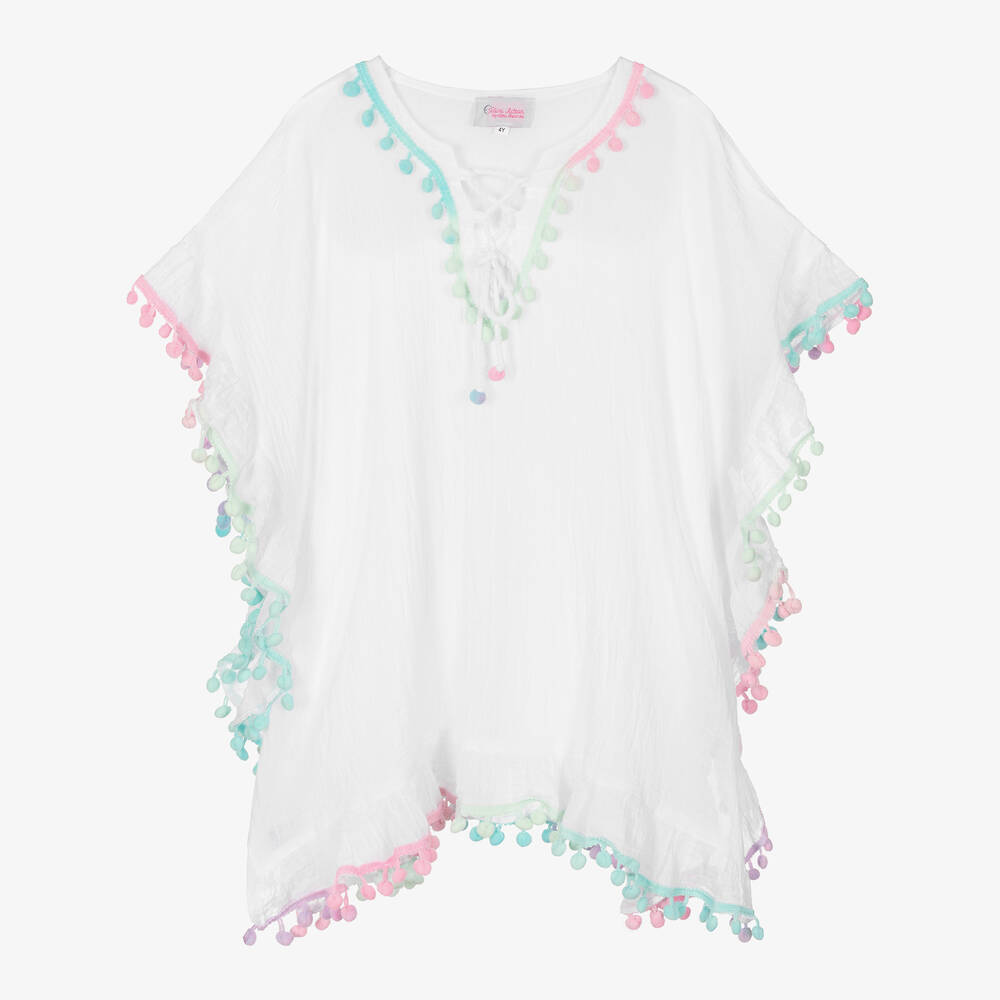 Selini Action-Girls White Cotton Pom-Pom Kaftan | Childrensalon Outlet