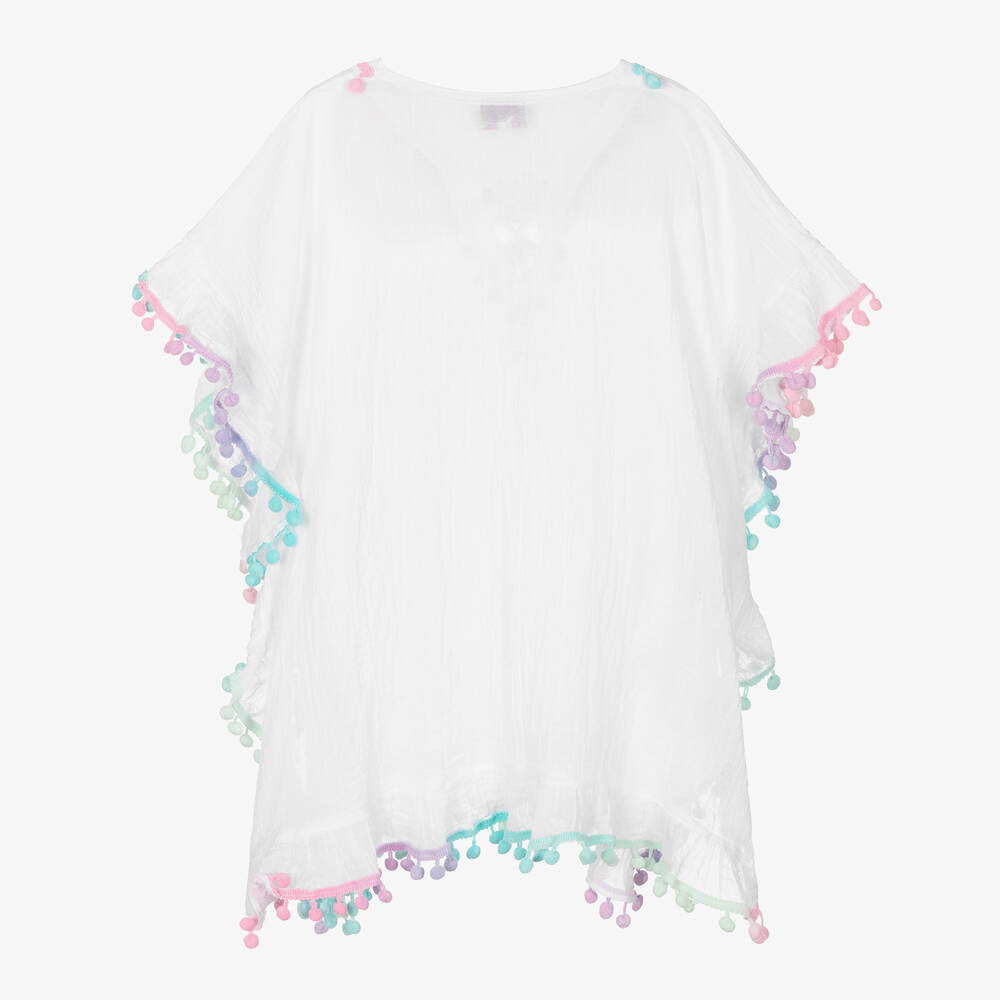 Selini Action-Girls White Cotton Pom-Pom Kaftan | Childrensalon Outlet