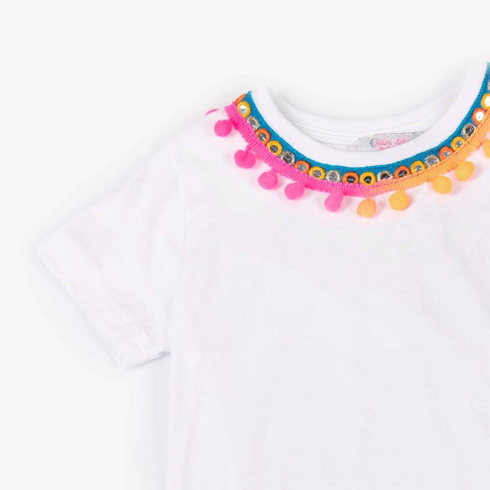 Selini Action-Girls' White Cotton Tee with Pom-Poms | Childrensalon Outlet