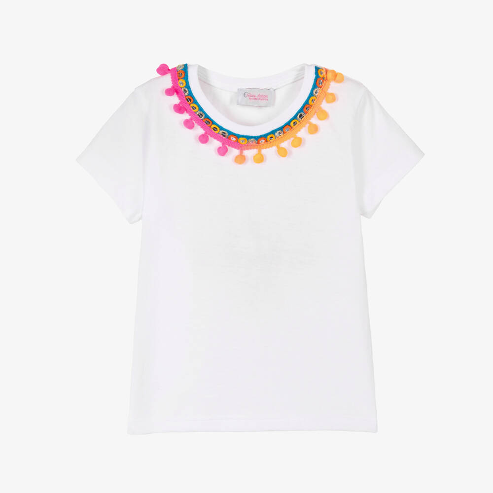 Selini Action-Girls' White Cotton Tee with Pom-Poms | Childrensalon Outlet