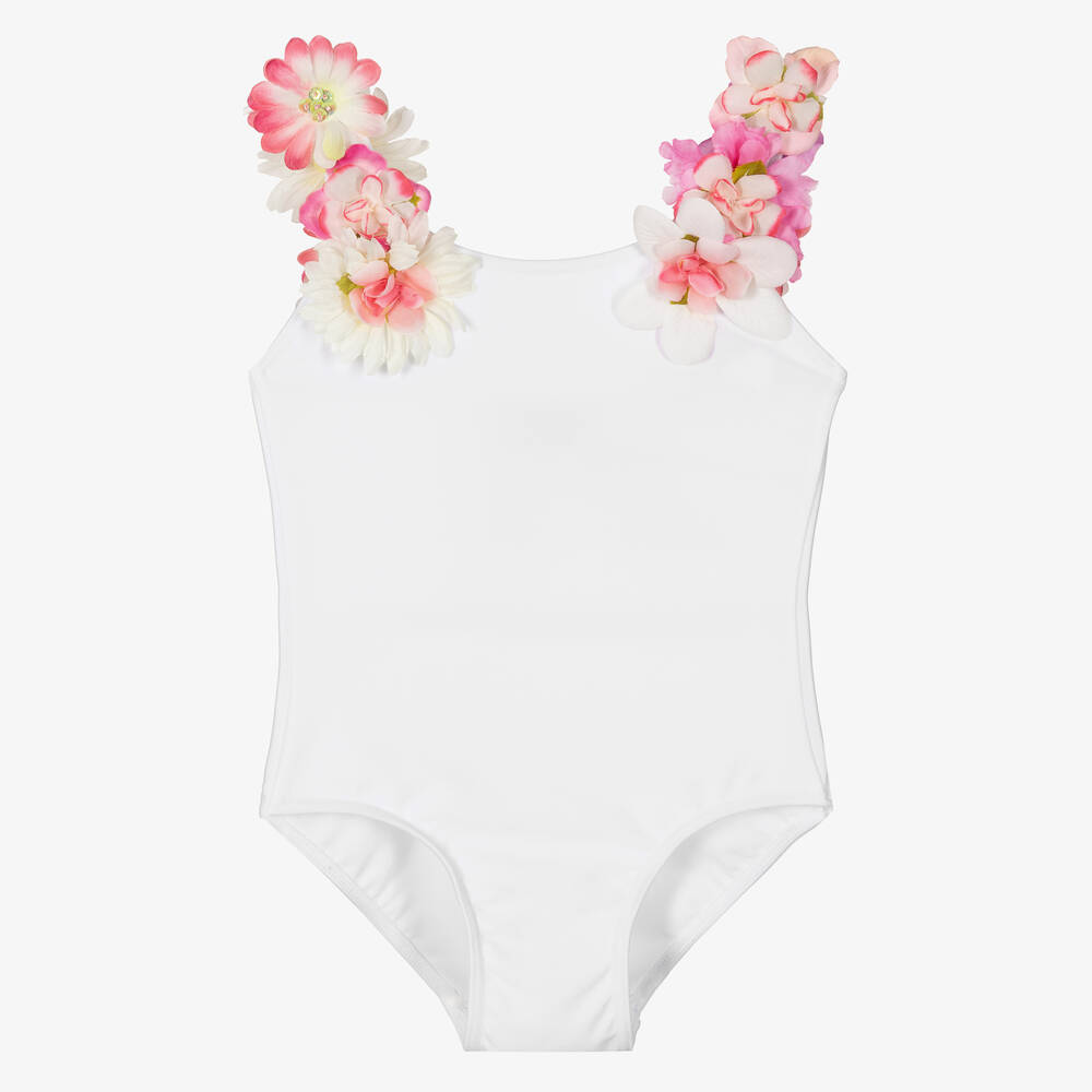 Selini Action - Girls White Flower Straps Swimsuit | Childrensalon