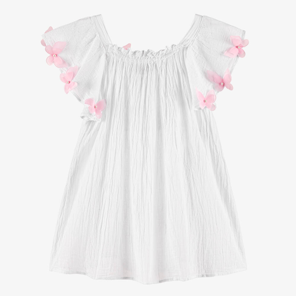 Selini Action-Girls White & Pink Butterflies Cotton Dress | Childrensalon Outlet