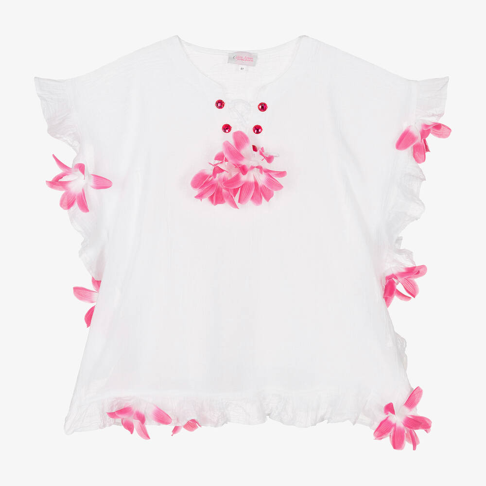 Selini Action - Girls White & Pink Cotton Flower Kaftan | Childrensalon