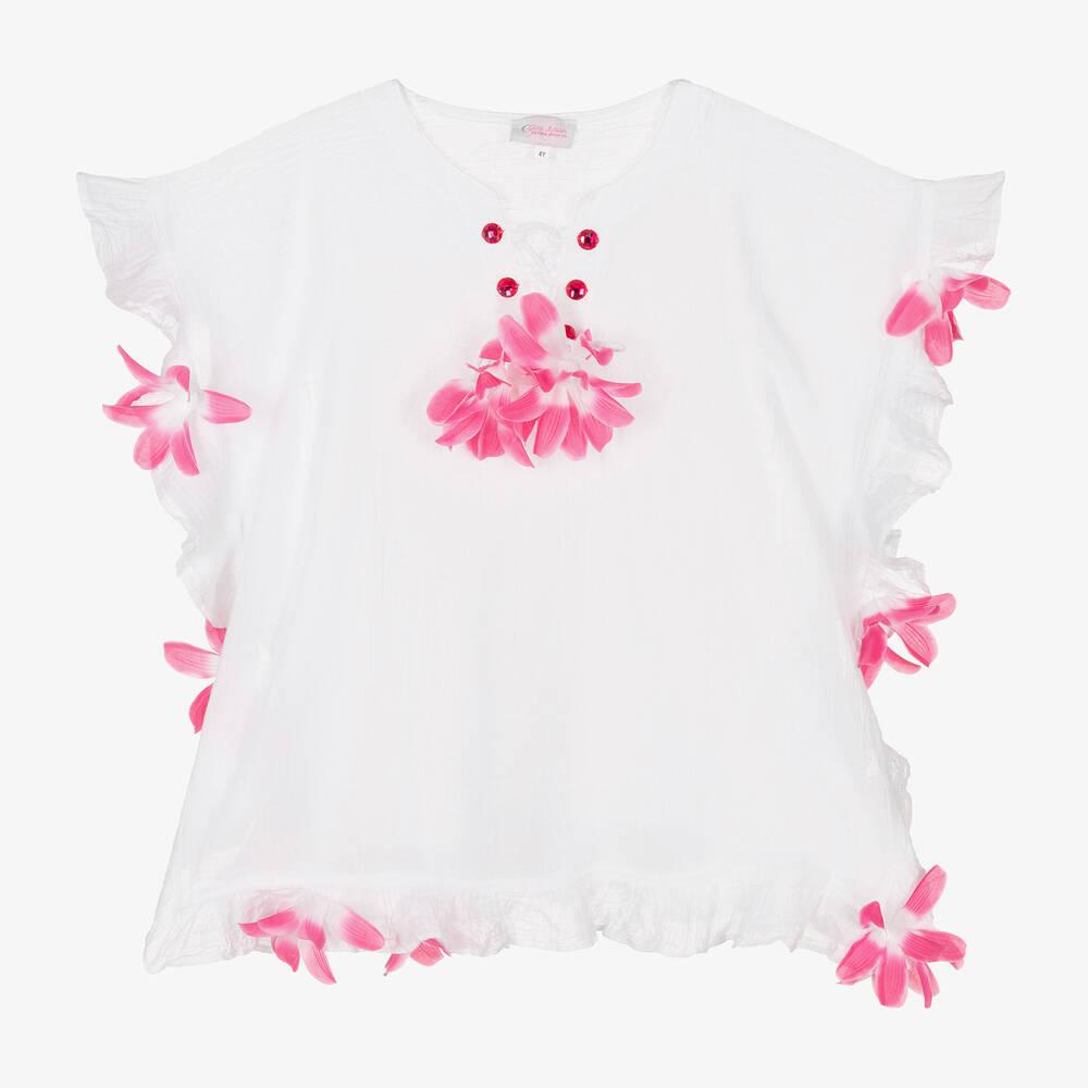 Selini Action - Caftan blanc et rose à fleurs fille | Childrensalon