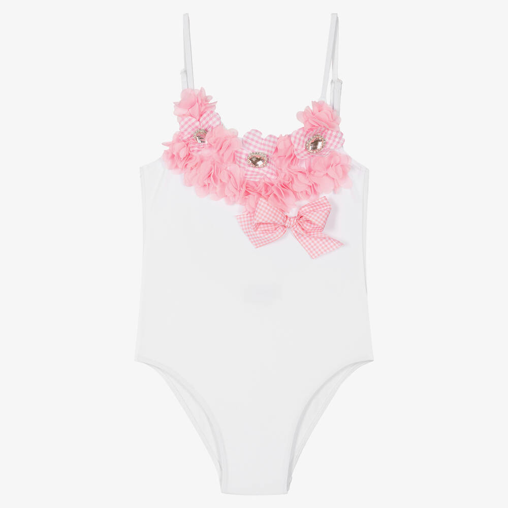 Selini Action - Girls White & Pink Gingham Floral Swimsuit | Childrensalon