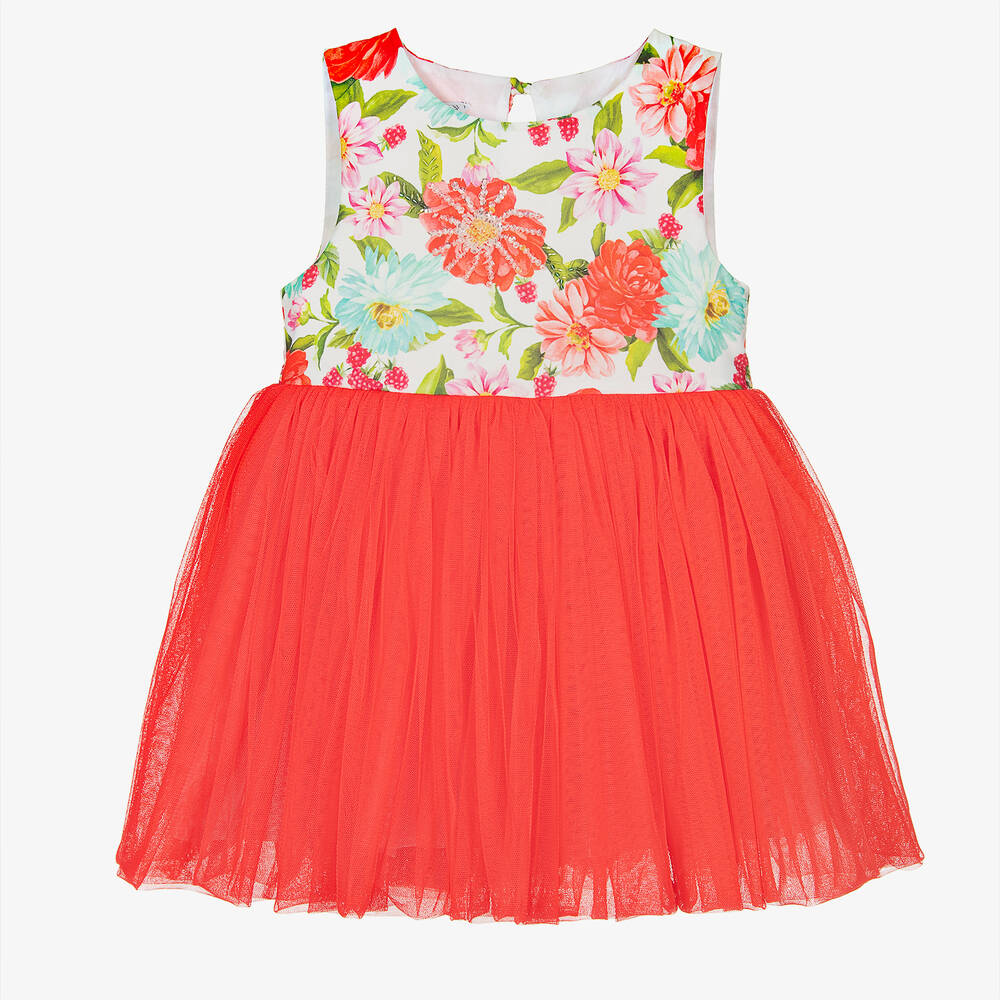 Selini Action - Girls White & Red Floral Tulle Dress | Childrensalon