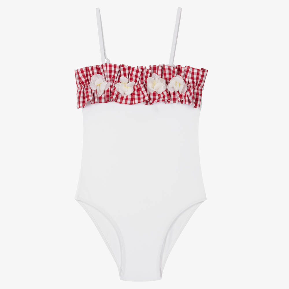 Selini Action - Girls White & Red Gingham Ruffle Swimsuit | Childrensalon