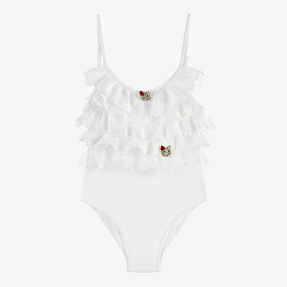 Girls White Ruffle Swimsuit