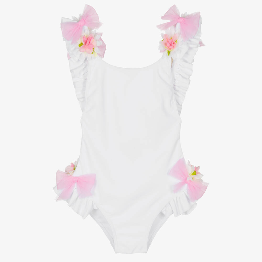 Selini Action-Girls White Swimsuit with Flowers & Tulle Bows | Childrensalon Outlet