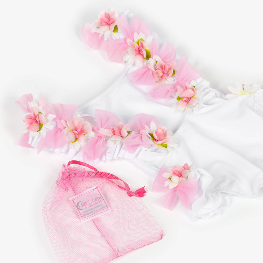 Selini Action-Girls White Swimsuit with Flowers & Tulle Bows | Childrensalon Outlet