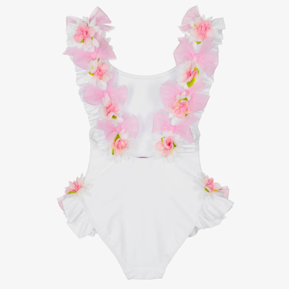 Selini Action-Girls White Swimsuit with Flowers & Tulle Bows | Childrensalon Outlet