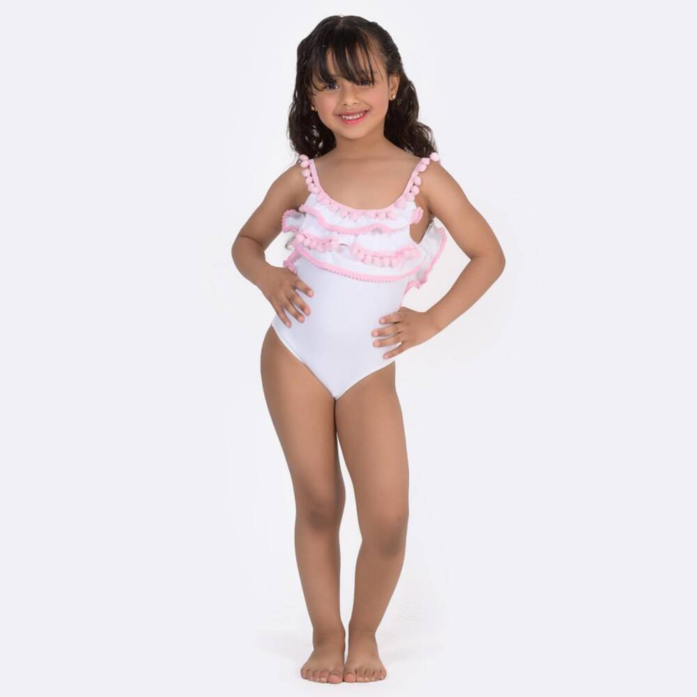 Selini Action-Girls White Swimsuit with Pink Pom-Poms | Childrensalon Outlet
