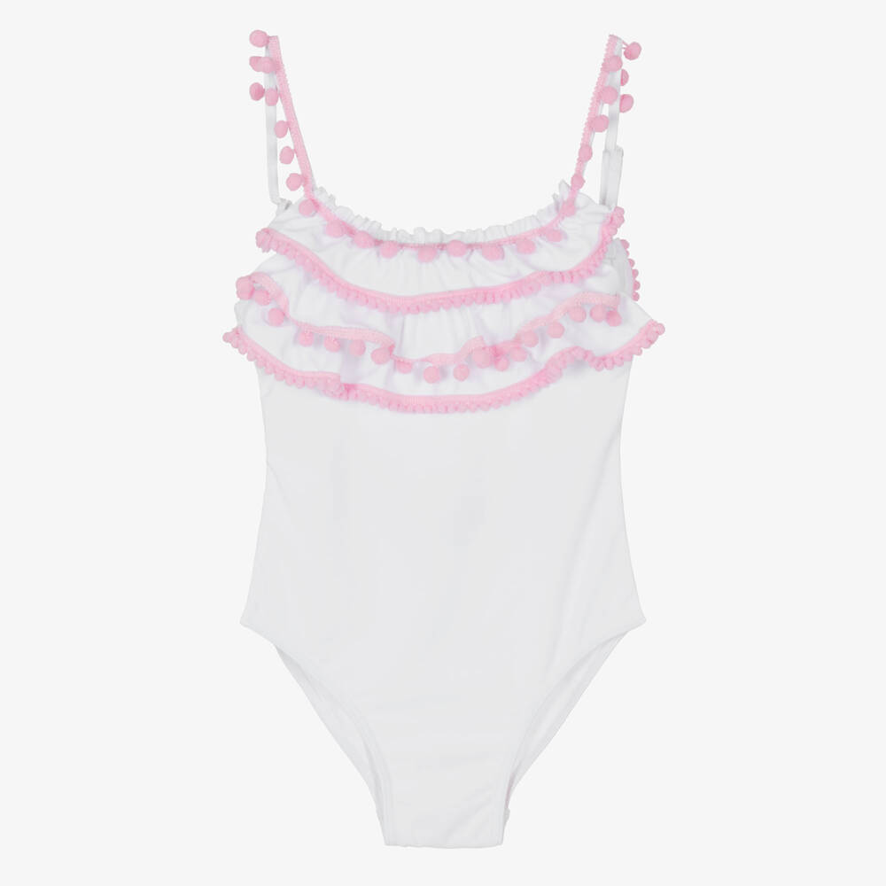 Selini Action-Girls White Swimsuit with Pink Pom-Poms | Childrensalon Outlet