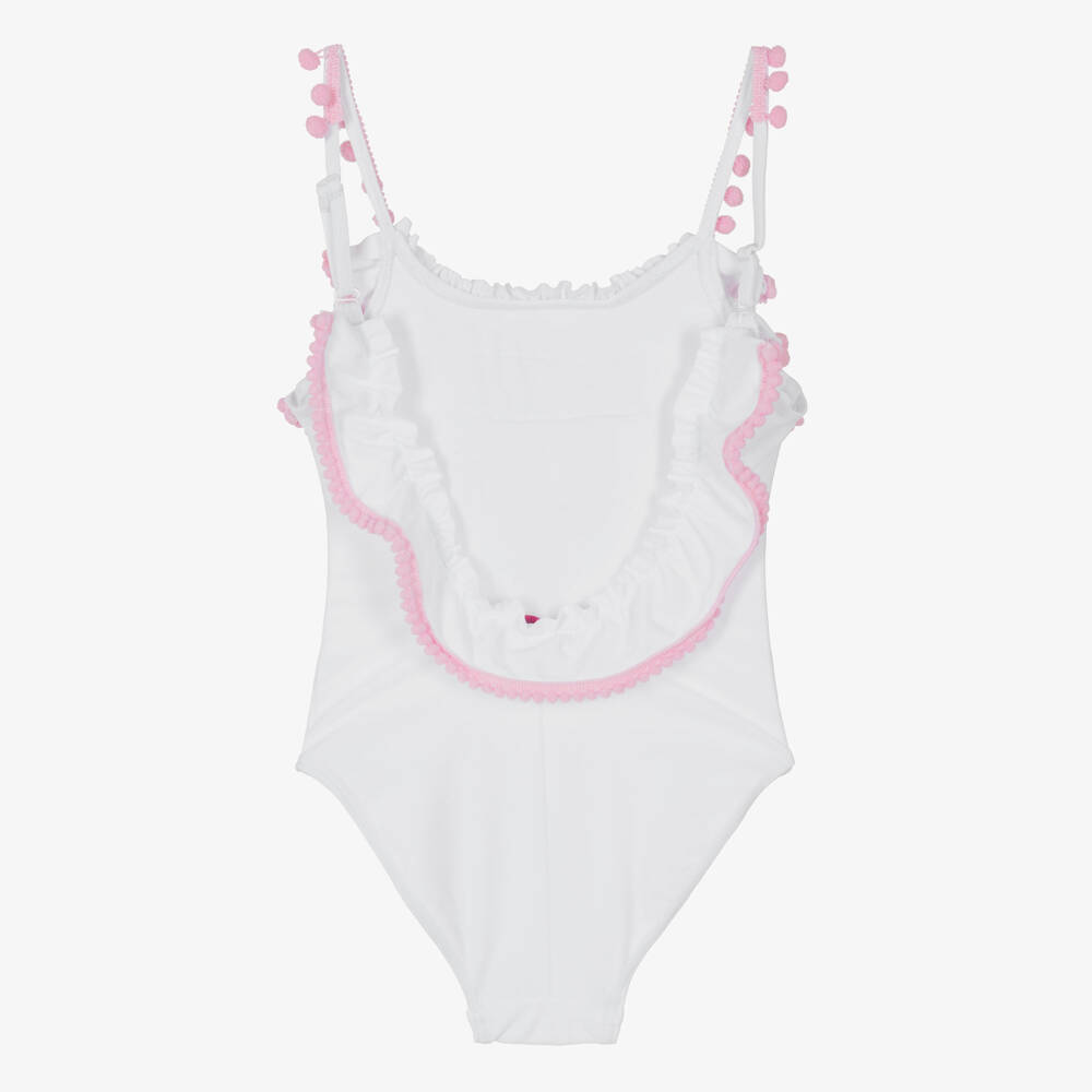 Selini Action-Girls White Swimsuit with Pink Pom-Poms | Childrensalon Outlet