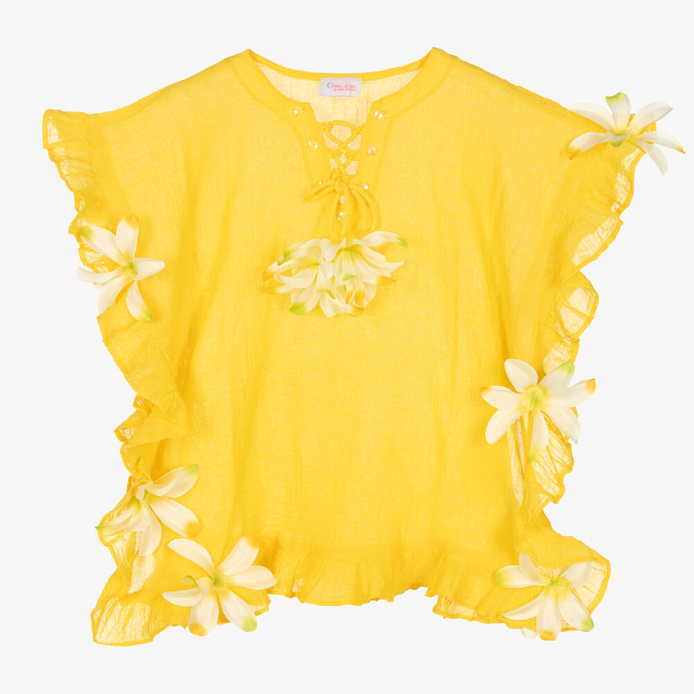 Selini Action - Caftan jaune coton à fleurs fille | Childrensalon