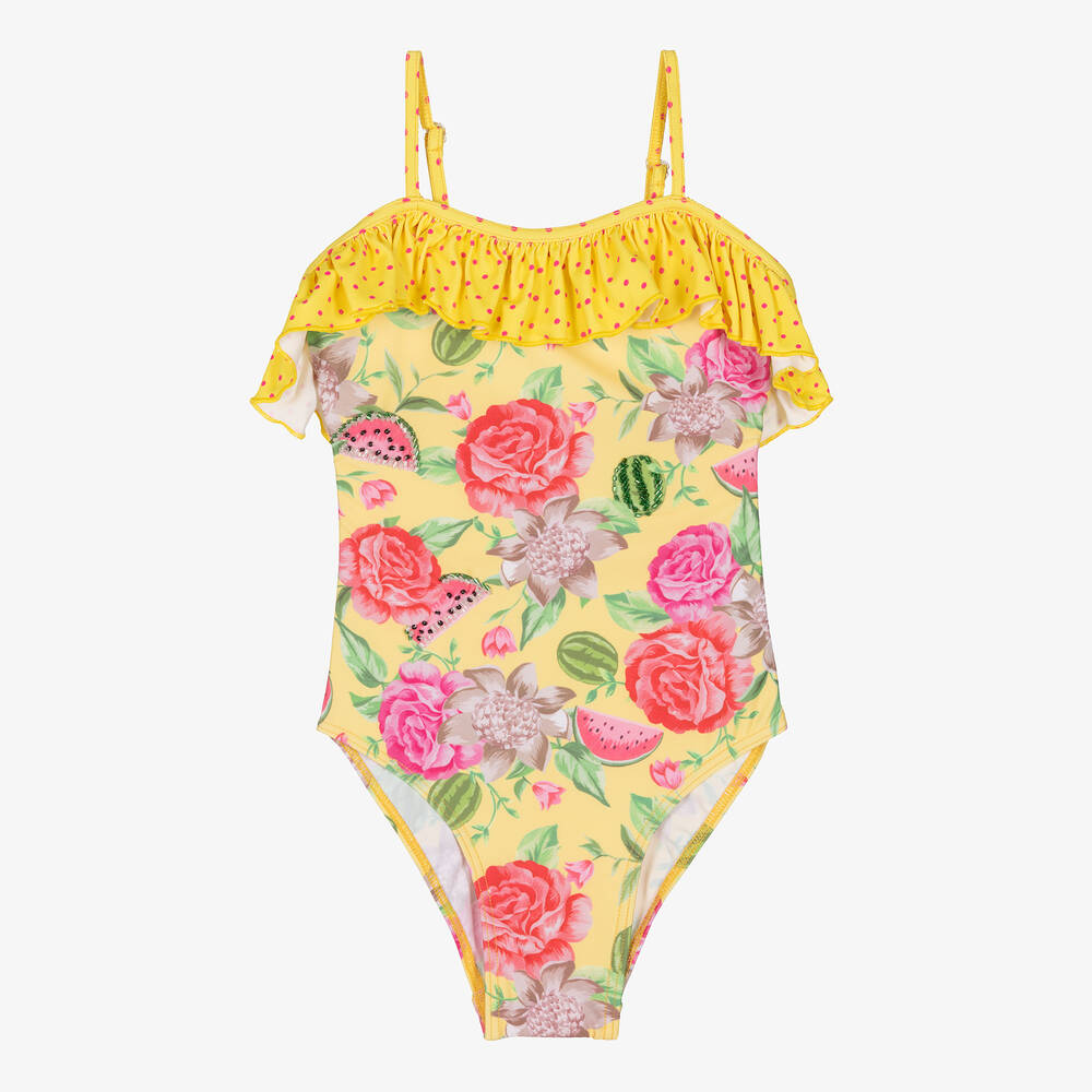 Selini Action - Girls Yellow Floral & Dot Print Swimsuit | Childrensalon