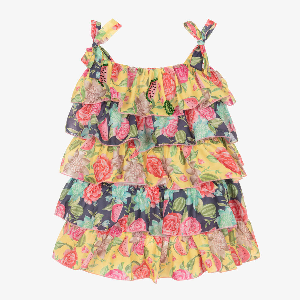 Selini Action - فستان بطبقات لون زهري وأصفر بطبعة ورود | Childrensalon