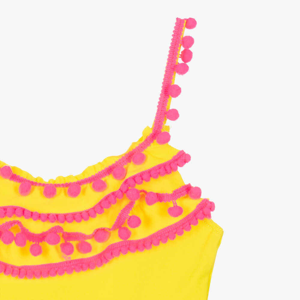 Selini Action-Girls Yellow Swimsuit with Pink Pom-Pom Trims | Childrensalon Outlet